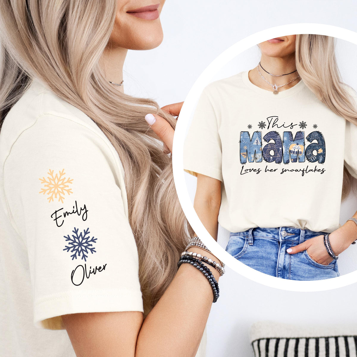 This Mama Loves Her Snowflakes Shirt, Custom Kids Name on Sleeve Sweatshirt, Mom Gift Tee