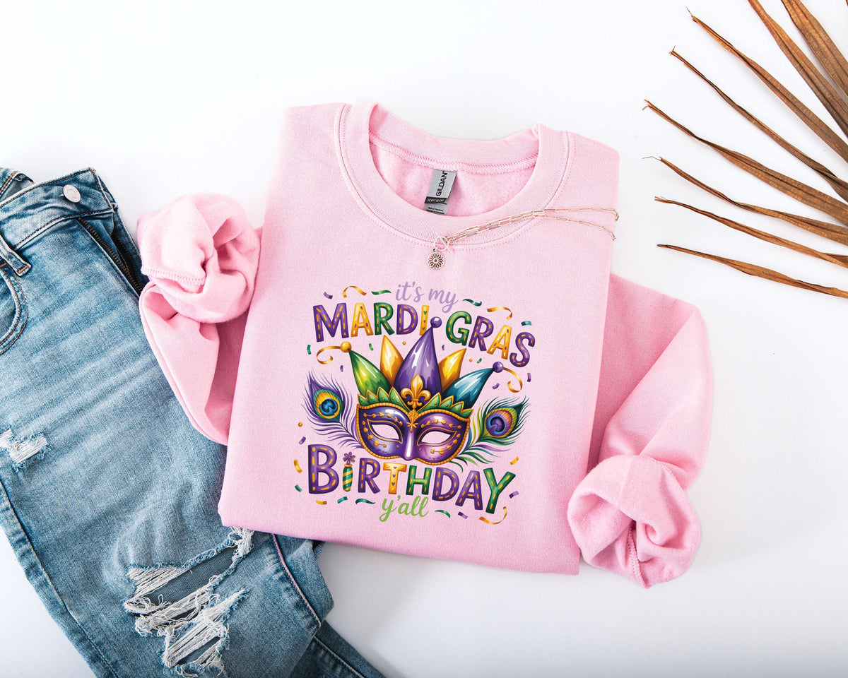 It's My Mardi Gras Birthday Y'all Sweatshirt, New Orleans Carnival Hoodie, Mardi Gras Birthday Party Sweater, Purple Green Gold Sweater