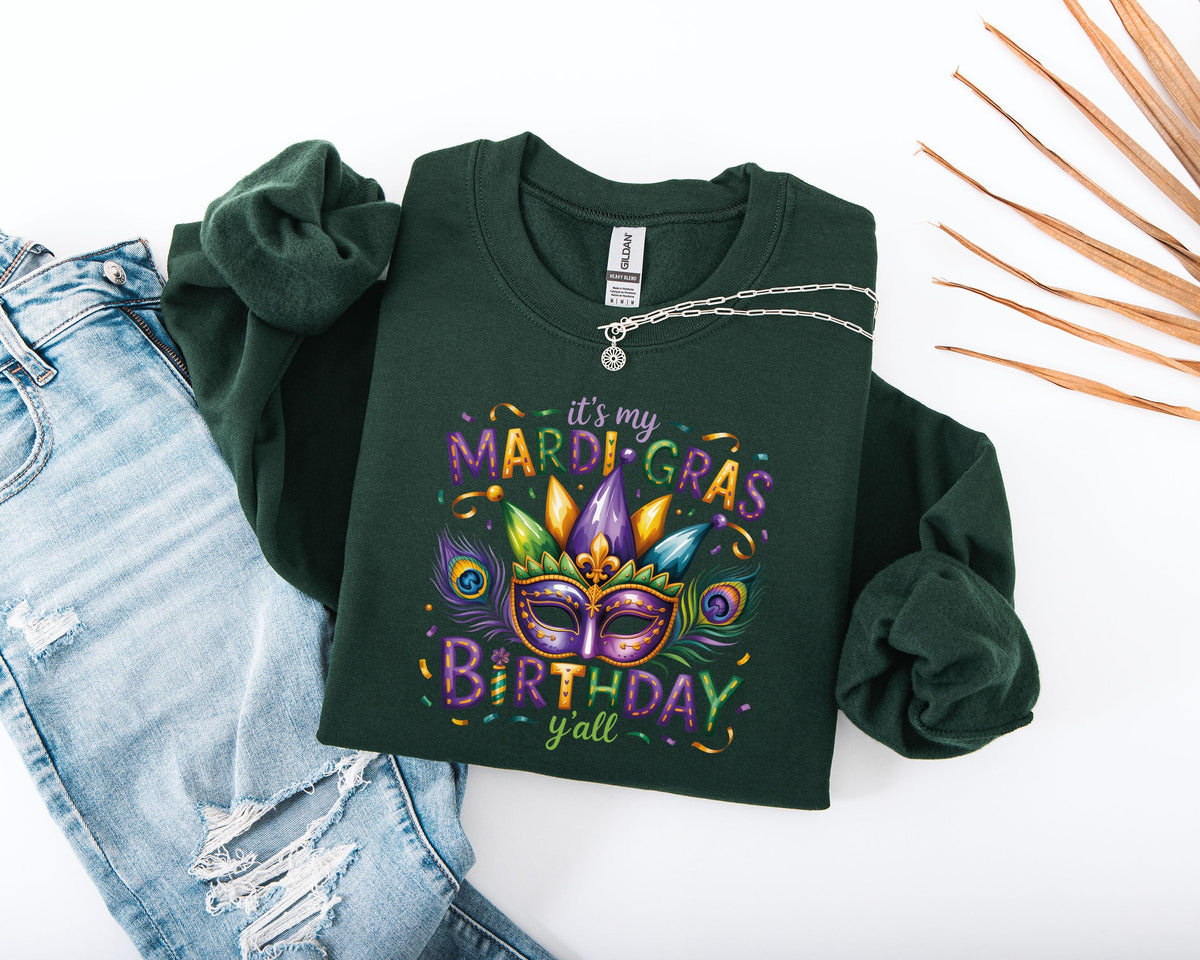 It's My Mardi Gras Birthday Y'all Sweatshirt, New Orleans Carnival Hoodie, Mardi Gras Birthday Party Sweater, Purple Green Gold Sweater