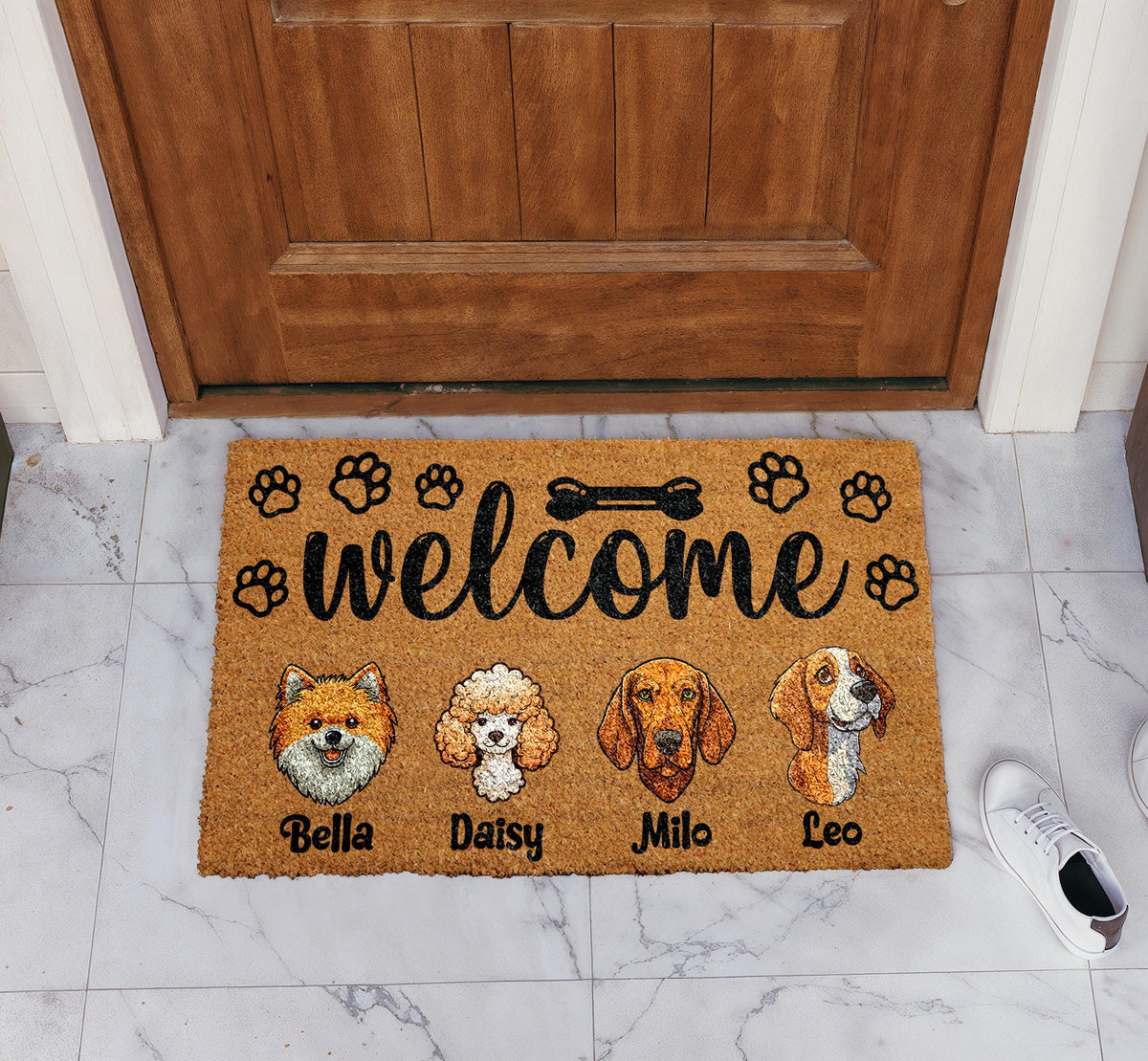 Personalized Dogs Breed Illustration Welcome Mat, Custom Name Dog Family Doormat