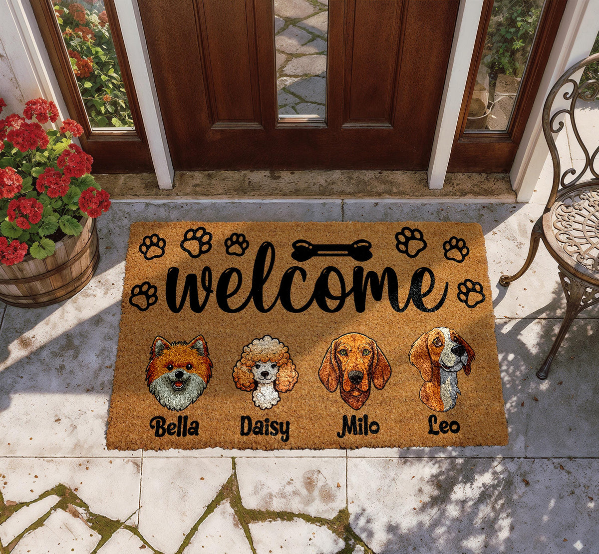 Personalized Dogs Breed Illustration Welcome Mat, Custom Name Dog Family Doormat