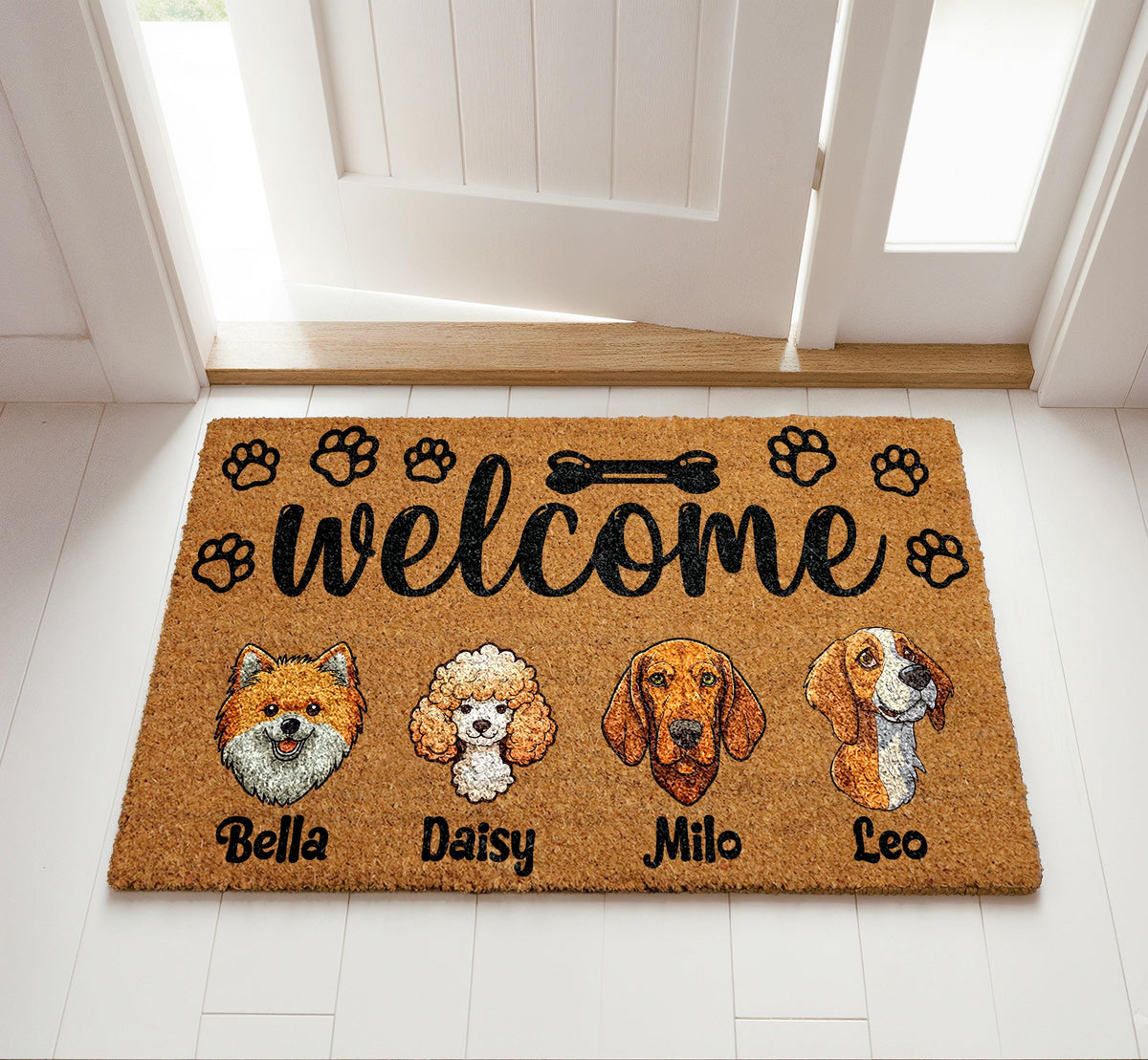 Personalized Dogs Breed Illustration Welcome Mat, Custom Name Dog Family Doormat