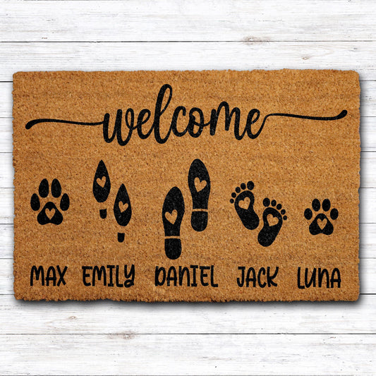 Personalized Pet Family Welcome Mat, Custom Name Footprints And Pet Paws Doormat