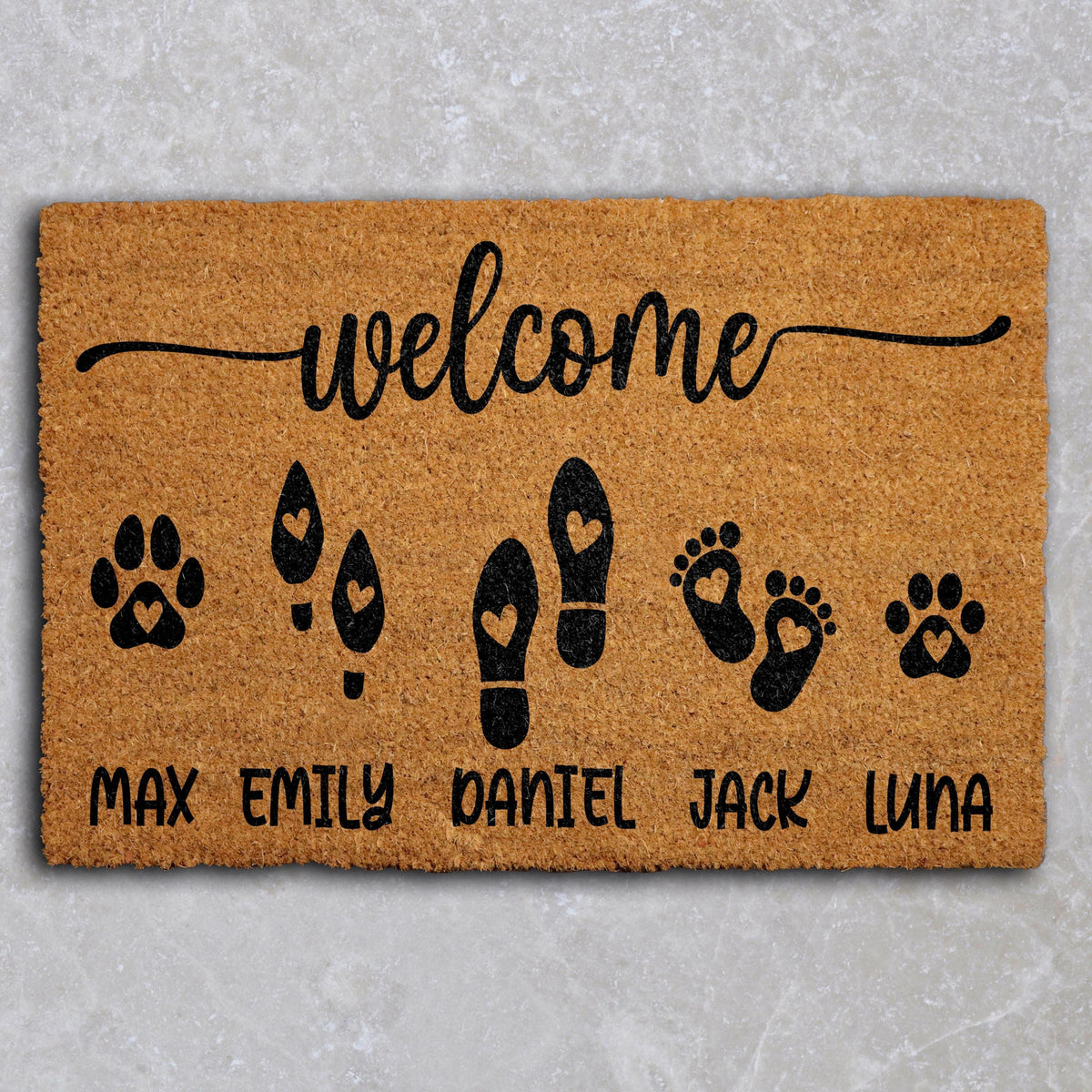 Personalized Pet Family Welcome Mat, Custom Name Footprints And Pet Paws Doormat
