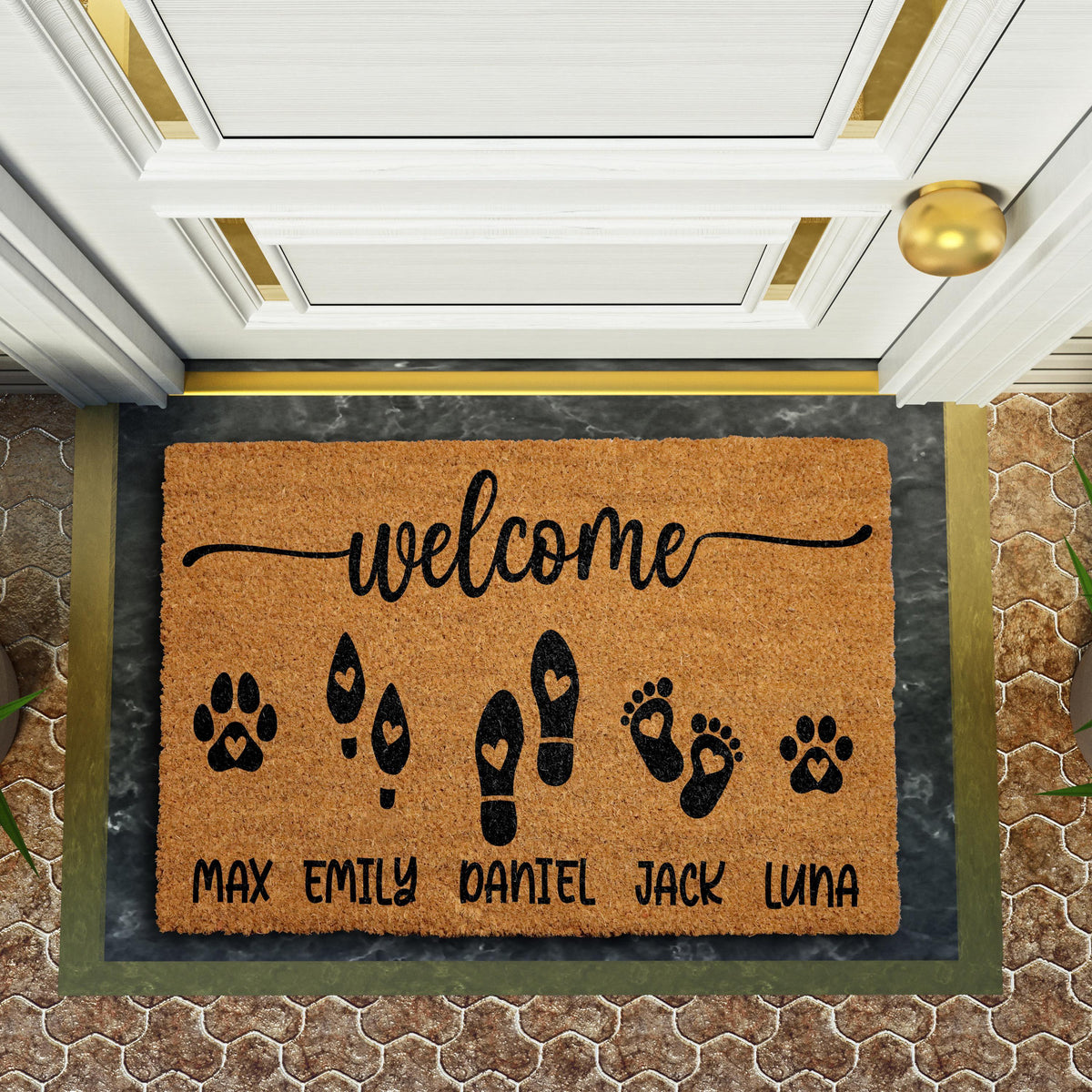 Personalized Pet Family Welcome Mat, Custom Name Footprints And Pet Paws Doormat