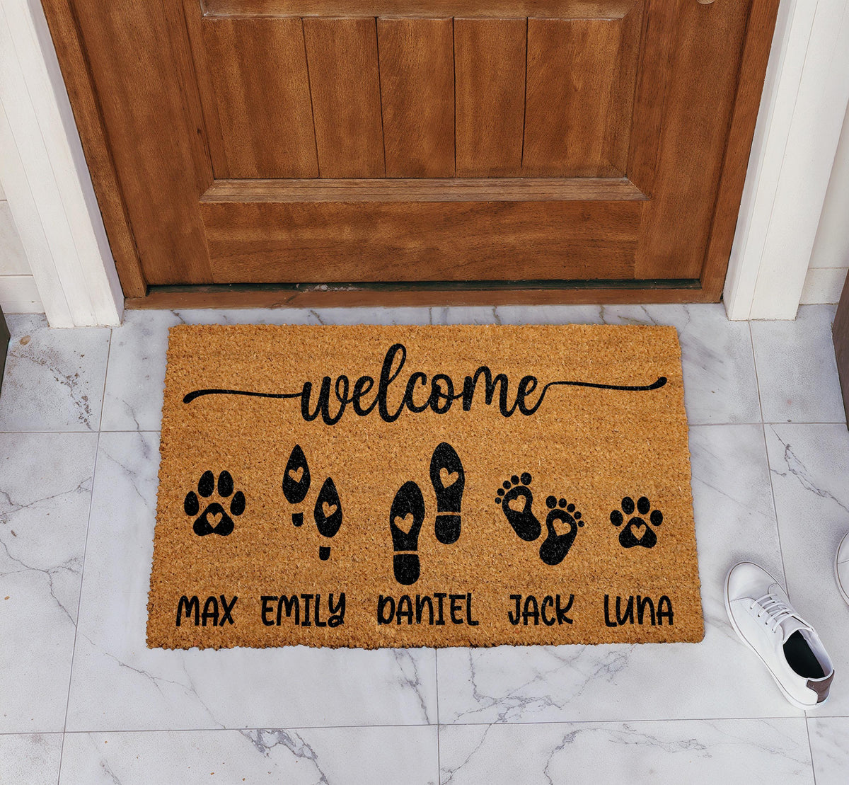 Personalized Pet Family Welcome Mat, Custom Name Footprints And Pet Paws Doormat