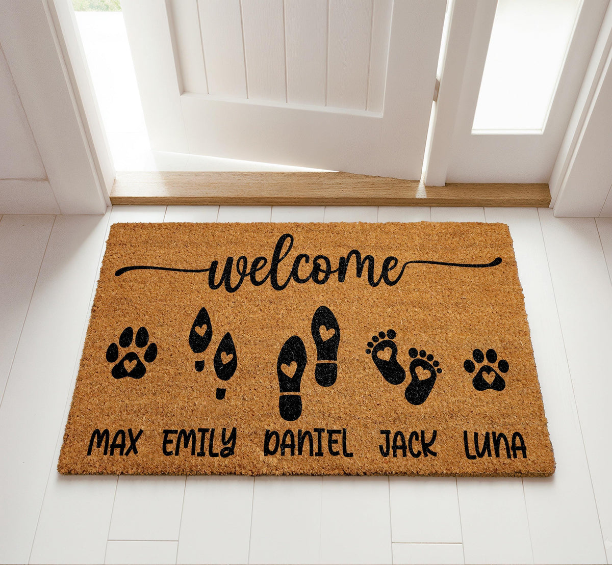Personalized Pet Family Welcome Mat, Custom Name Footprints And Pet Paws Doormat