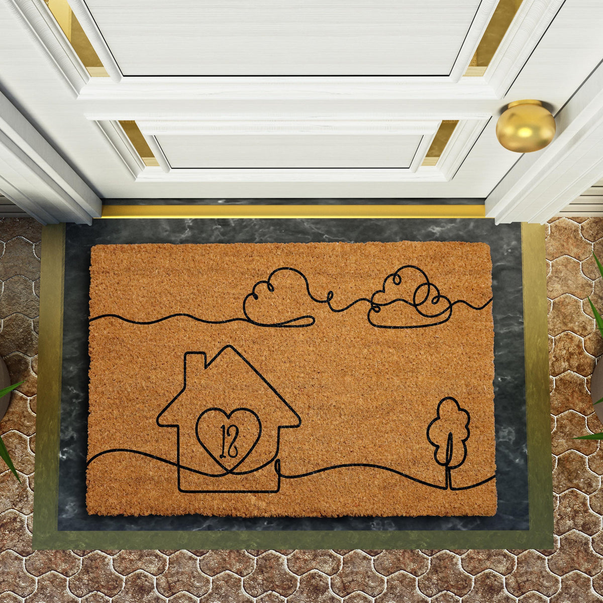 Custom House Number Welcome Mat, One Line Art Design Coir Doormat, Minimalist Home Entrance Mat