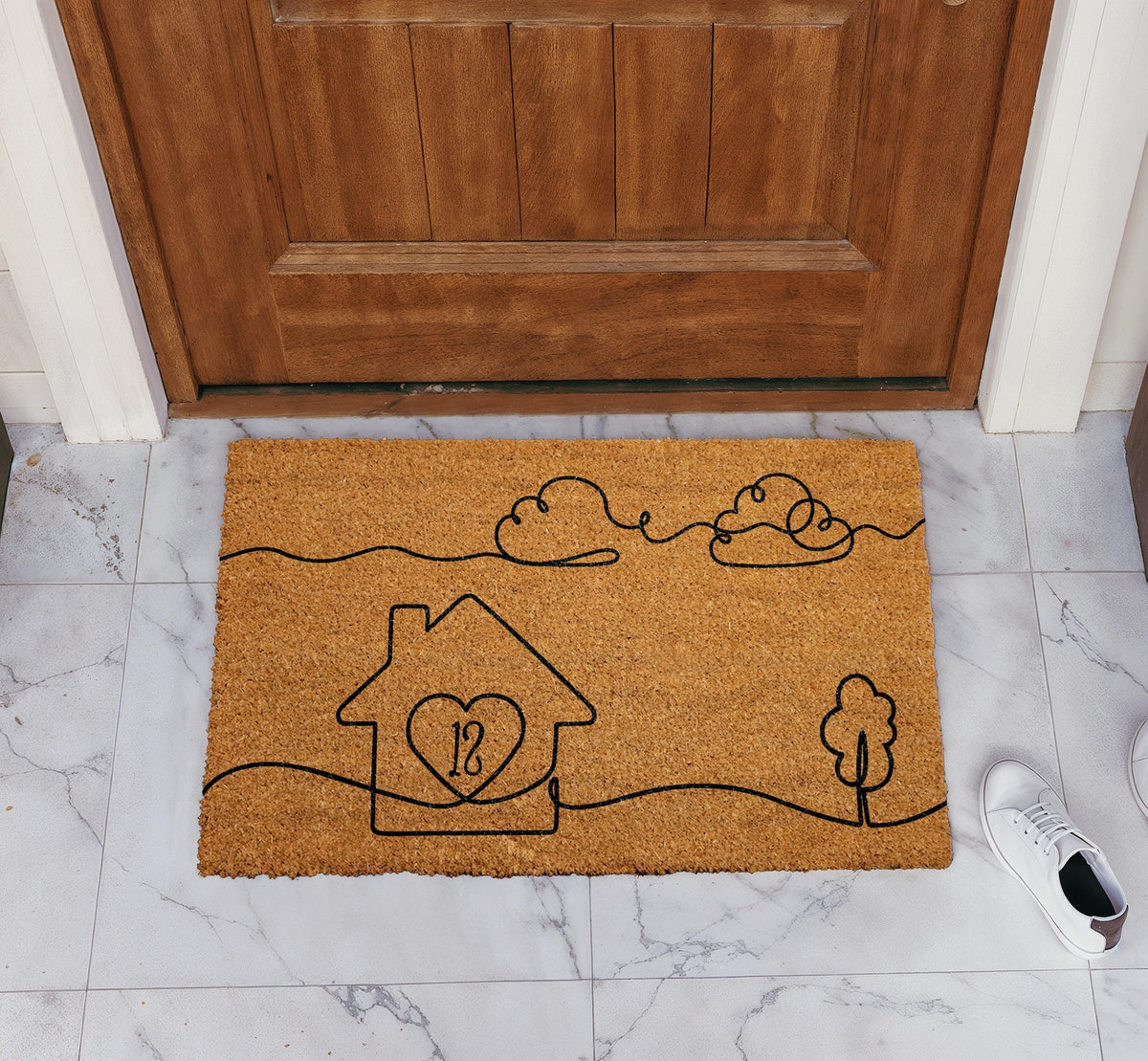 Custom House Number Welcome Mat, One Line Art Design Coir Doormat, Minimalist Home Entrance Mat