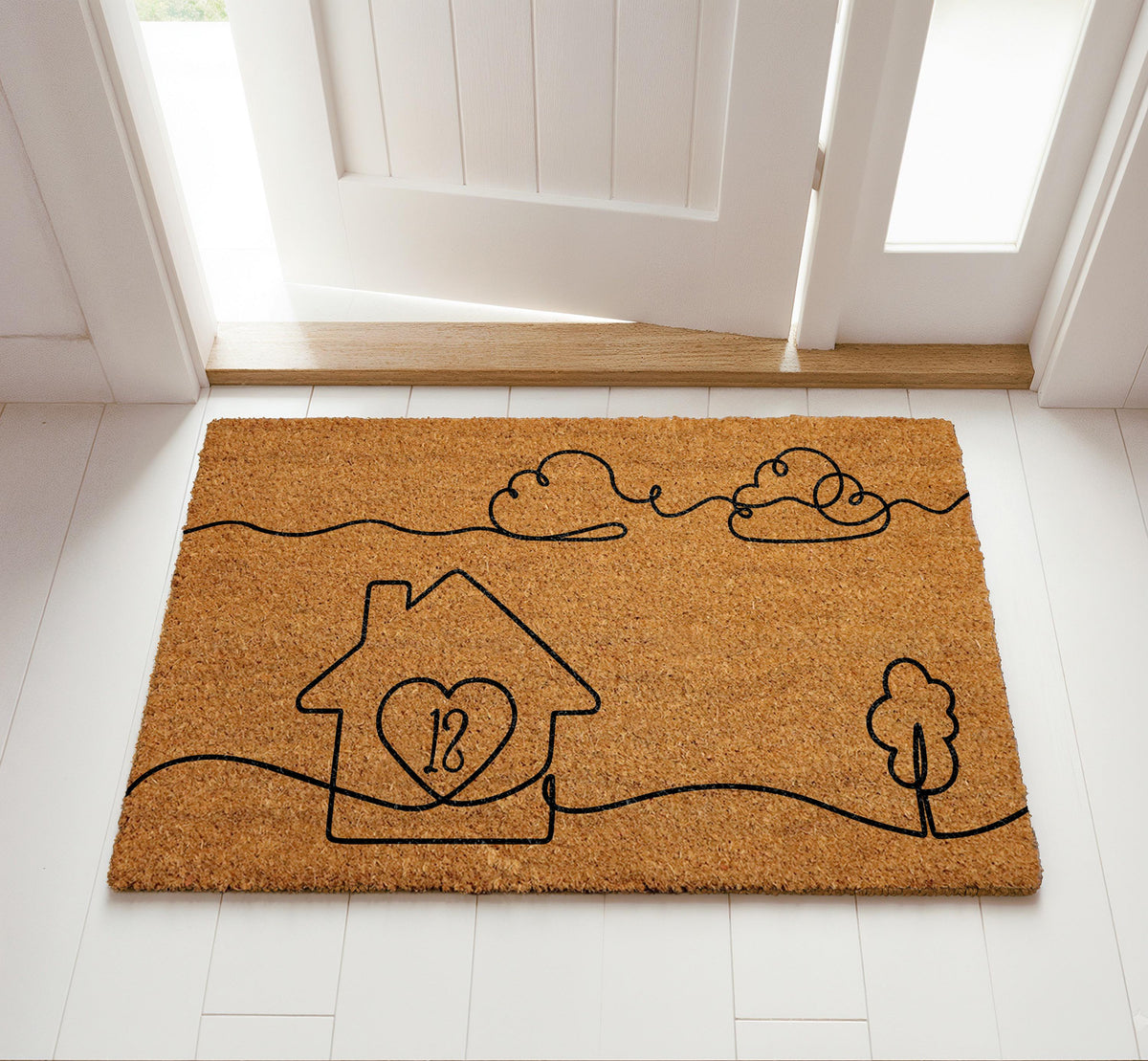 Custom House Number Welcome Mat, One Line Art Design Coir Doormat, Minimalist Home Entrance Mat