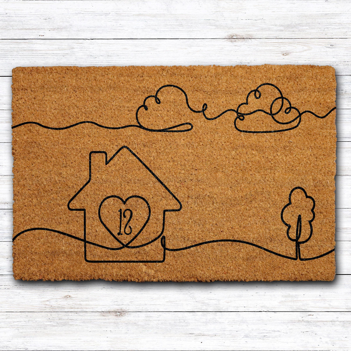 Custom House Number Welcome Mat, One Line Art Design Coir Doormat, Minimalist Home Entrance Mat