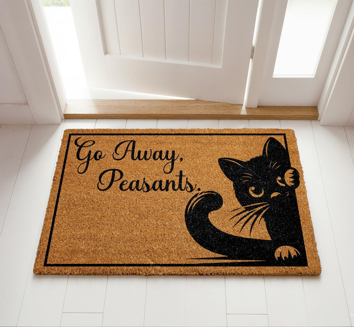 Go Away Peasants Welcome Mat, Funny Black Cat Saying Doormat
