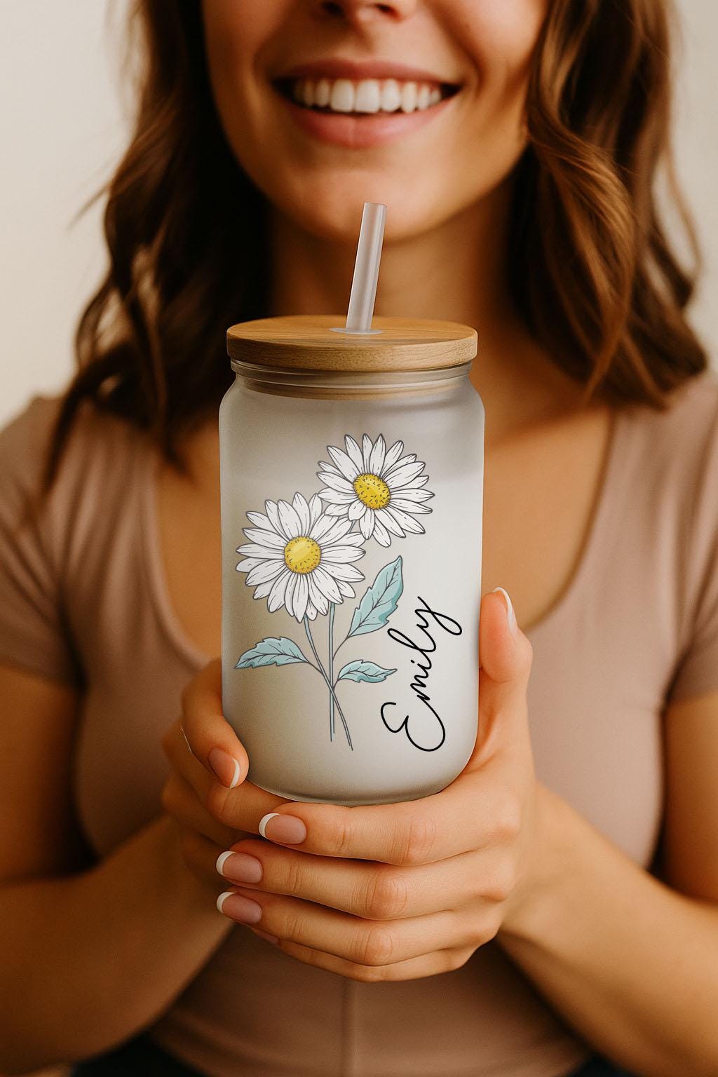 Customizable Birth Month Flower Design Glass Cup, Floral Name Can Glass Tumbler