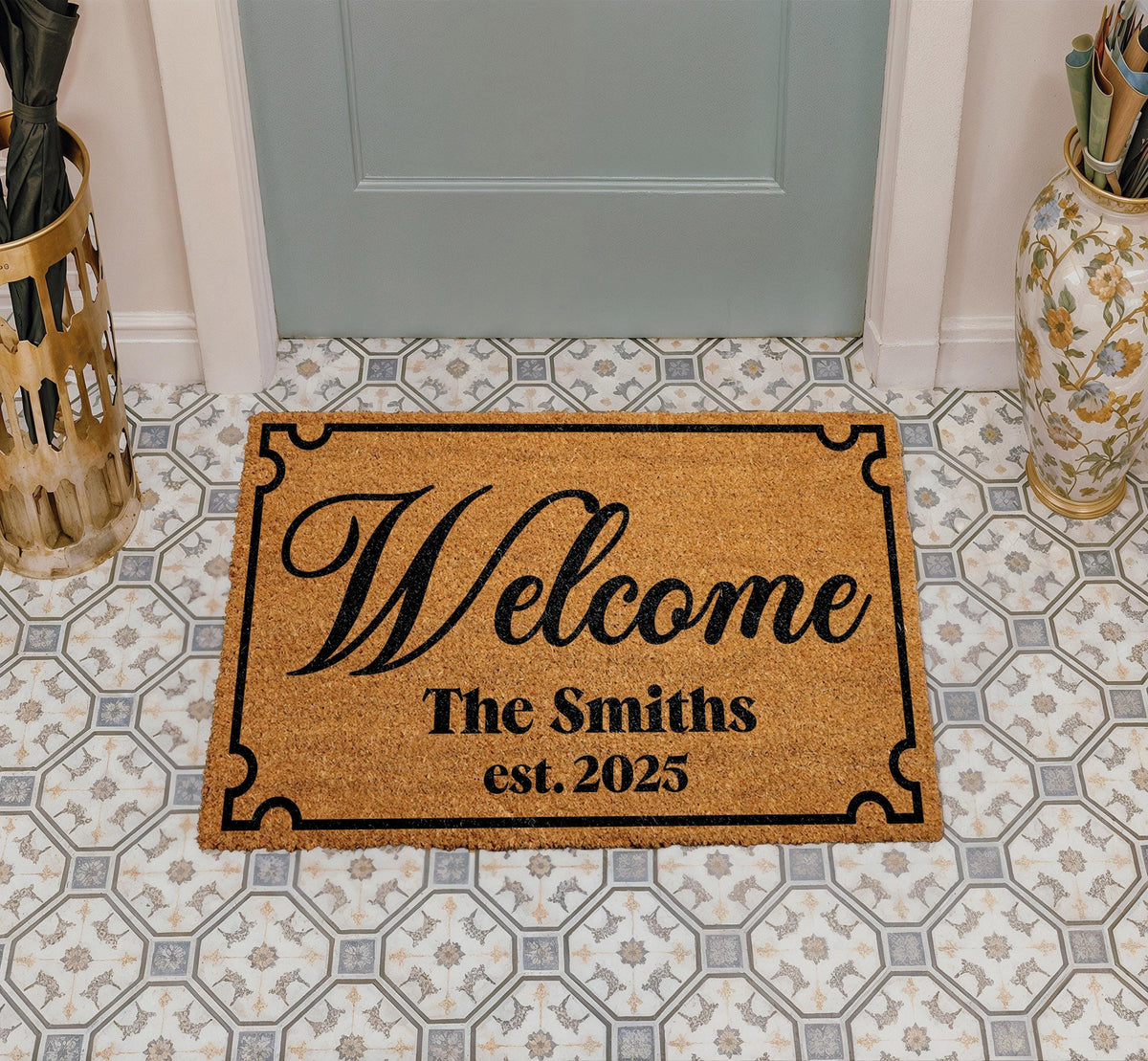 Personalized Coir Welcome Mat with Last Name and Est Date, Custom Family Name Doormat