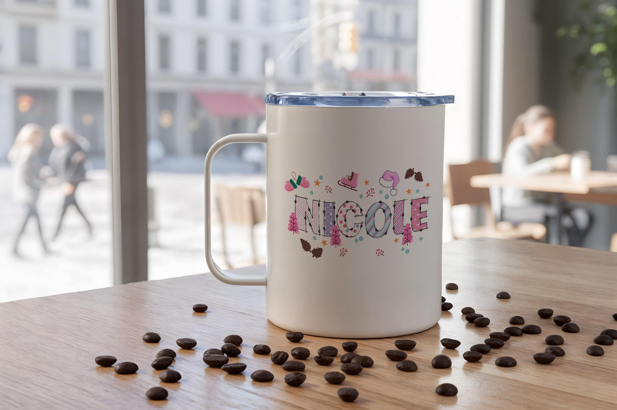 Personalized Cross Stitch Look Name Mug, Hot Cocoa Camp Mug, Patchwork Steel Coffee Mug