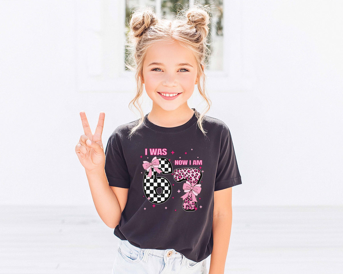I Was 6 Now I'm 7 Birthday T-Shirt, Coquette 7th Birthday Girl Tee, Funny 6 7 Birthday Gift
