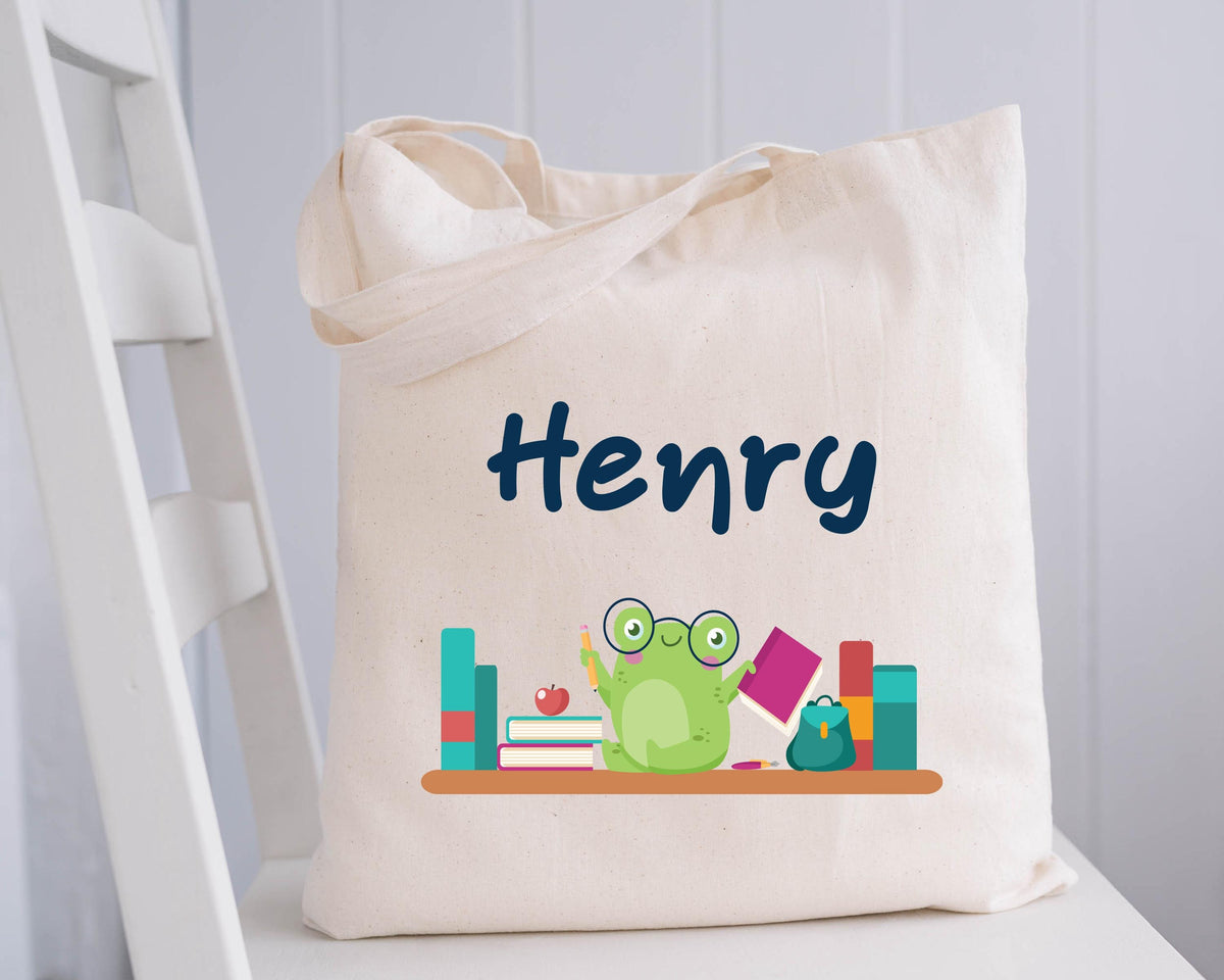 Custom Bookish Frog Tote Bag, Book Lover Gift Tote, Bookworm Frog School Tote Bag