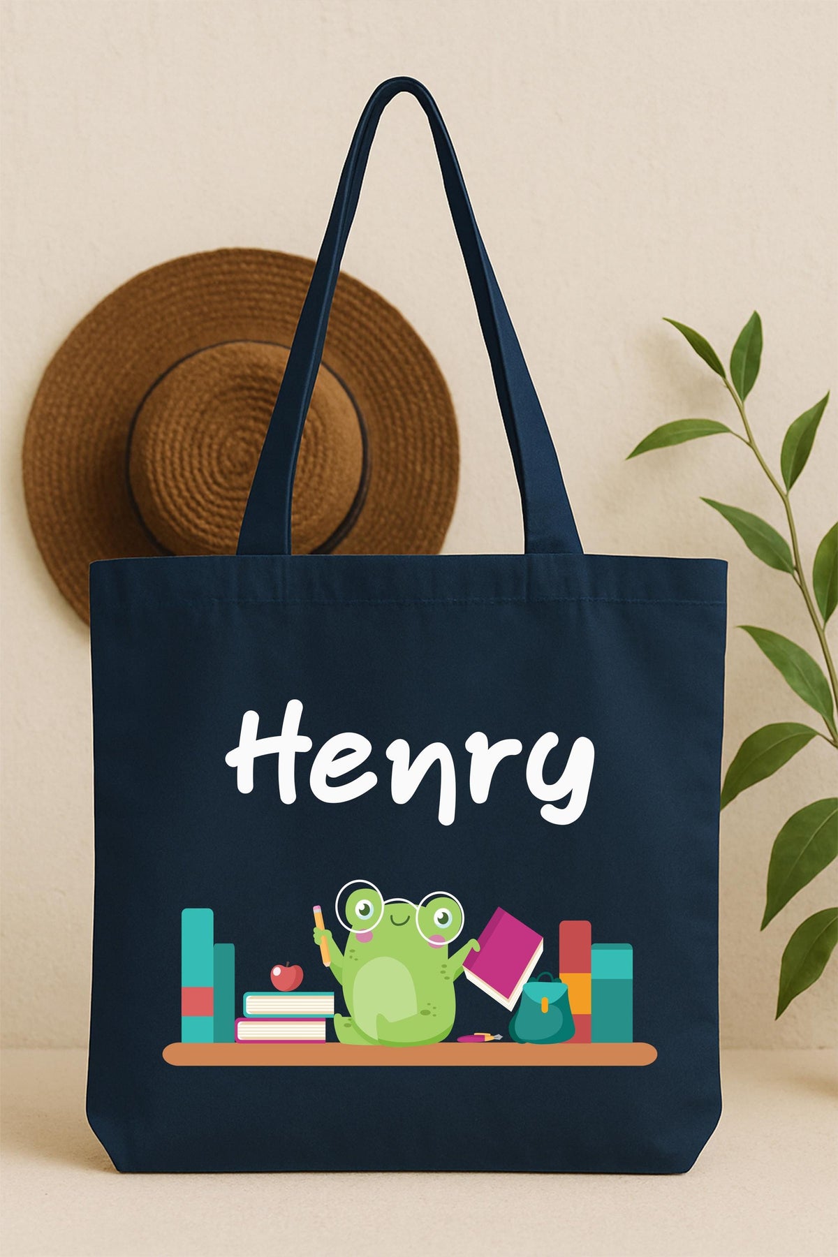 Custom Bookish Frog Tote Bag, Book Lover Gift Tote, Bookworm Frog School Tote Bag