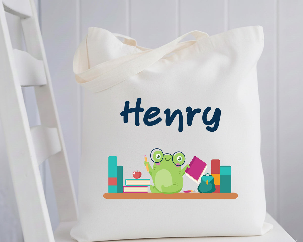 Custom Bookish Frog Tote Bag, Book Lover Gift Tote, Bookworm Frog School Tote Bag