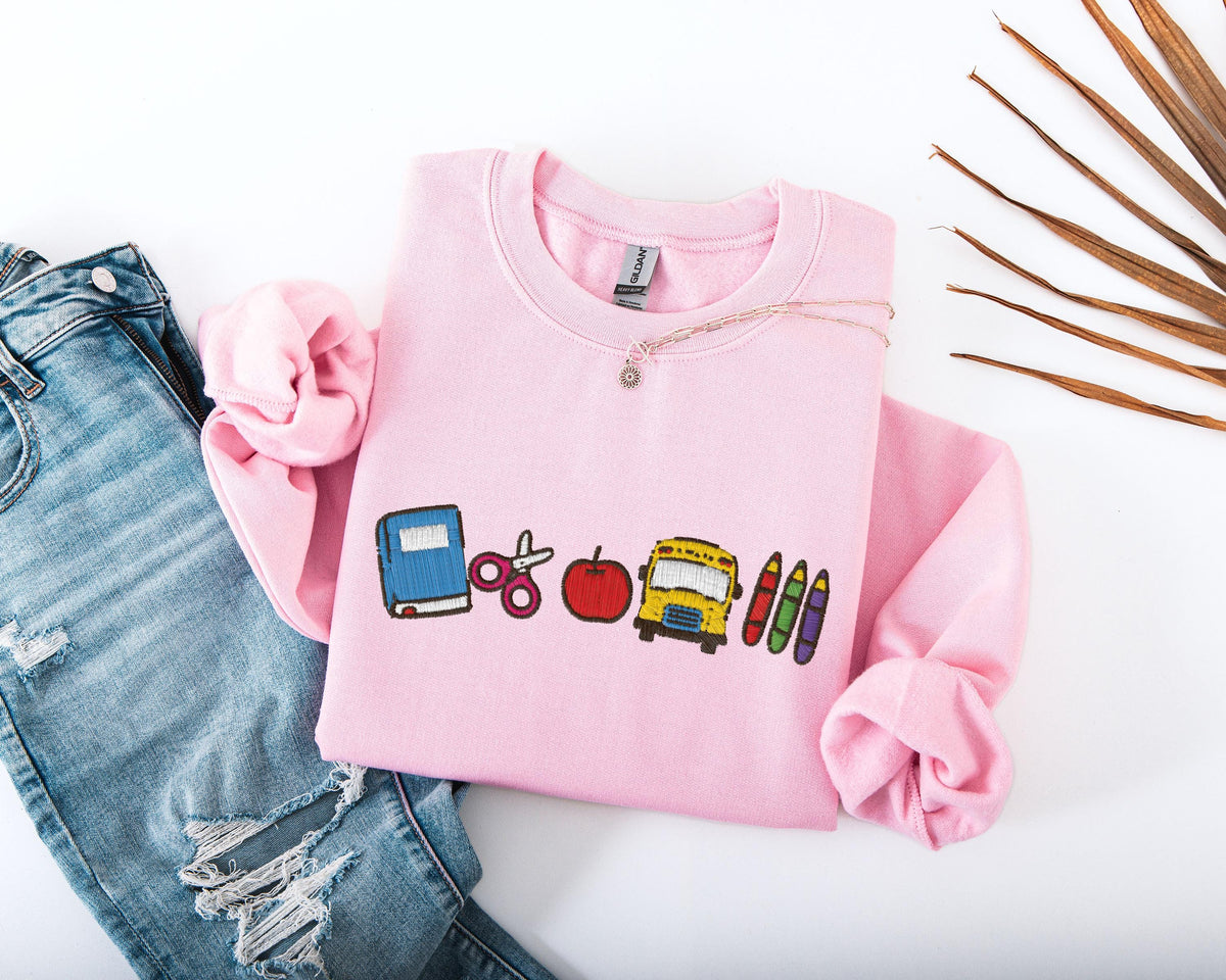 Embroidered School Time Sweatshirt, Cute Teacher Sweater, Embroidery School Icons Hoodie, Education Sweater, Teacher Appreciation Gift