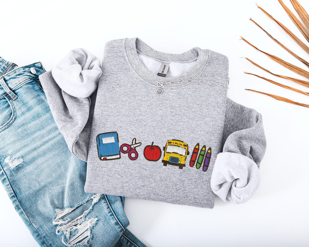 Embroidered School Time Sweatshirt, Cute Teacher Sweater, Embroidery School Icons Hoodie, Education Sweater, Teacher Appreciation Gift