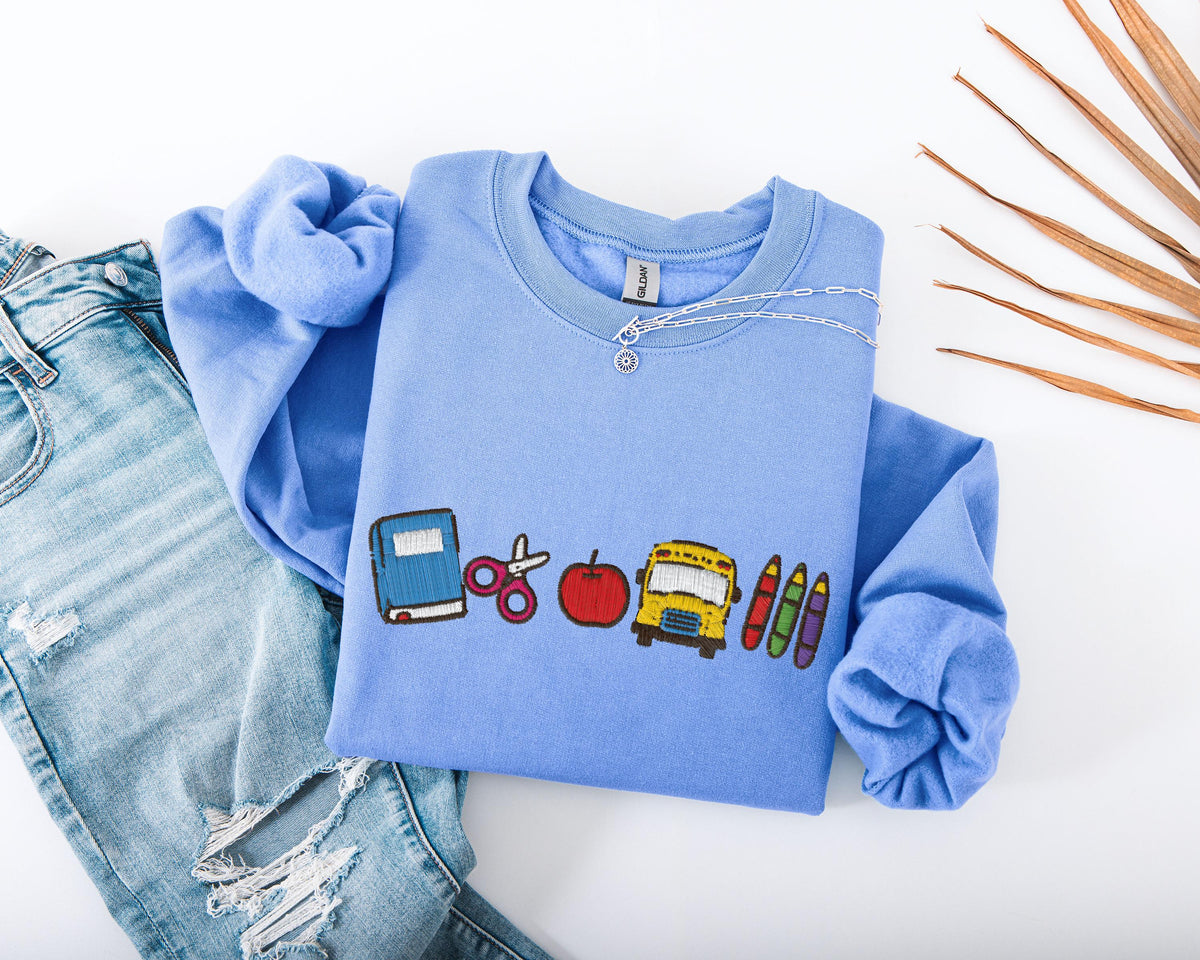 Embroidered School Time Sweatshirt, Cute Teacher Sweater, Embroidery School Icons Hoodie, Education Sweater, Teacher Appreciation Gift
