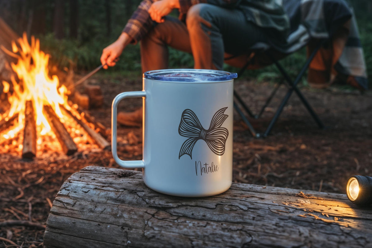 Personalized Coquette Bow Steel Mug, Cute Bow Coffee Mug, Custom Girly Teacup, Cute Coffee Cup