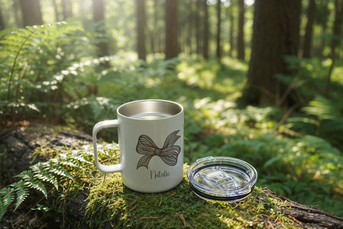 Personalized Coquette Bow Steel Mug, Cute Bow Coffee Mug, Custom Girly Teacup, Cute Coffee Cup