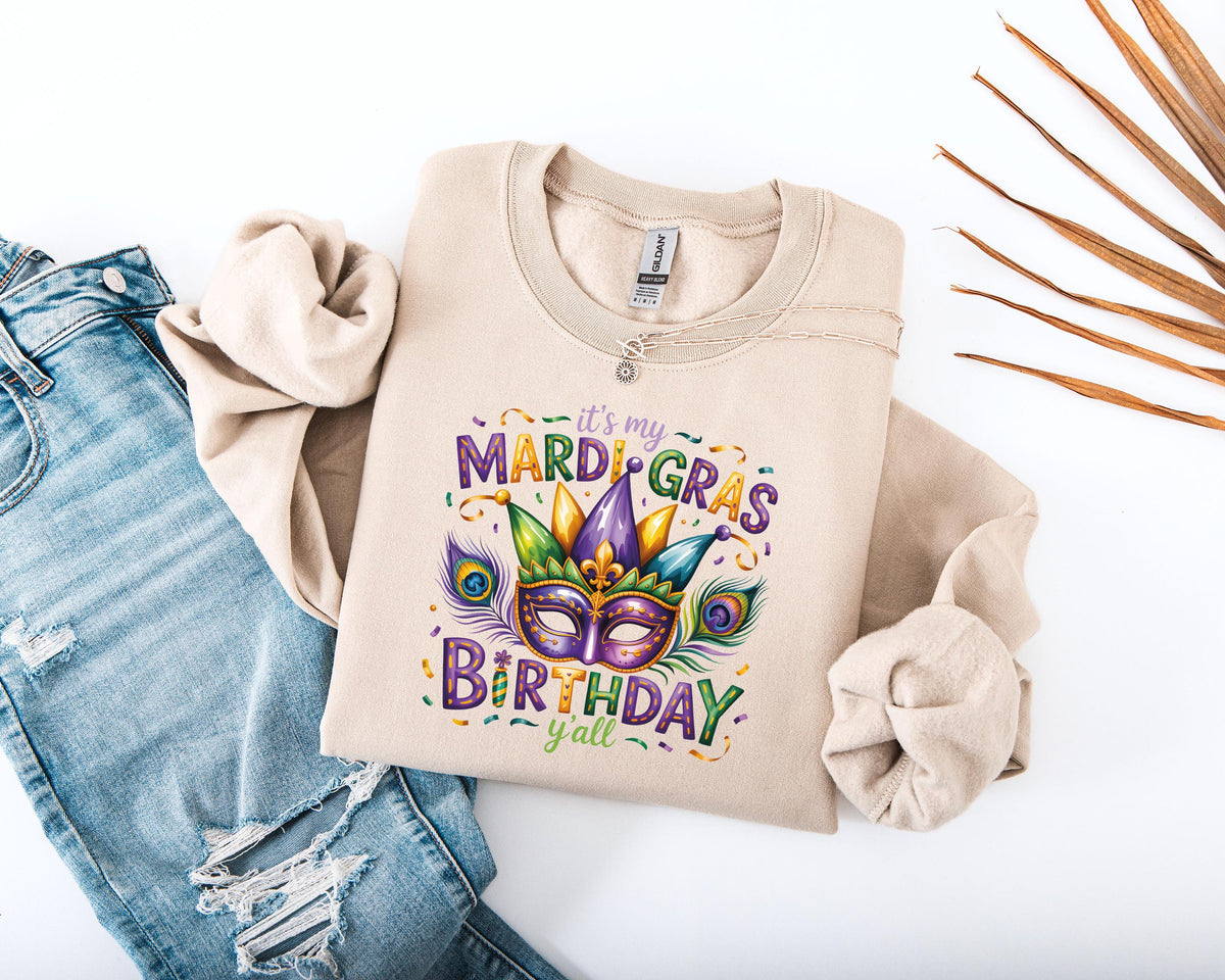 It's My Mardi Gras Birthday Y'all Sweatshirt, New Orleans Carnival Hoodie, Mardi Gras Birthday Party Sweater, Purple Green Gold Sweater