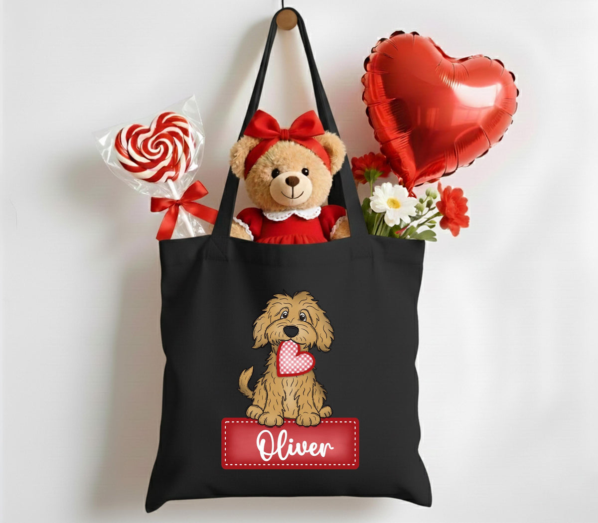 Personalized Valentine Tote Bag, Dog With Heart Tote Bag, Valentine's Day Kids Gift Bag