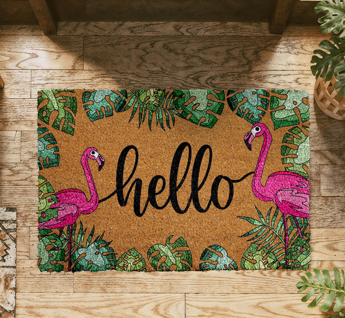 Pink Flamingo Welcome Doormat, Tropical Coir Door Mat, Summer Porch & Beach House Decor