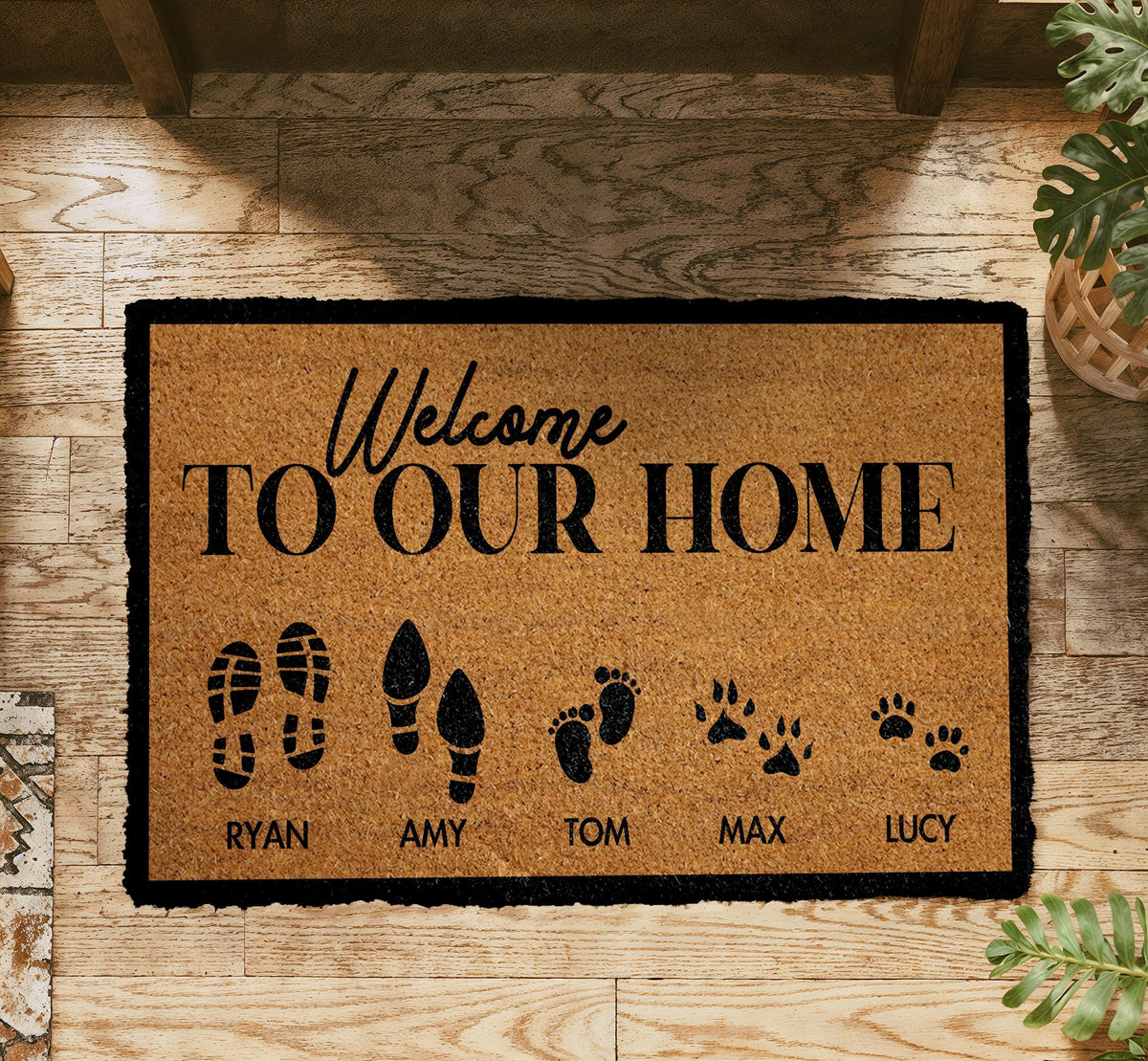 Custom Family Name Doormat, Personalized Welcome Mat with Pet Paw Prints, Outdoor Porch Rug