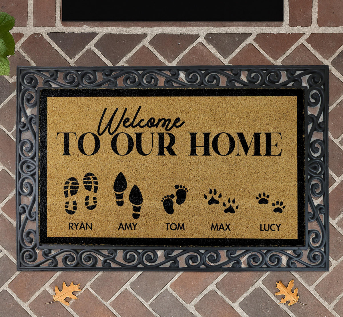 Custom Family Name Doormat, Personalized Welcome Mat with Pet Paw Prints, Outdoor Porch Rug
