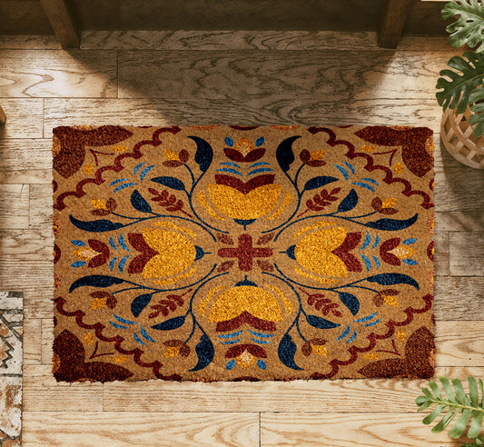 Vintage Tulip Doormat, Boho Carpet Style Welcome Mat, Geometric Entry Rug