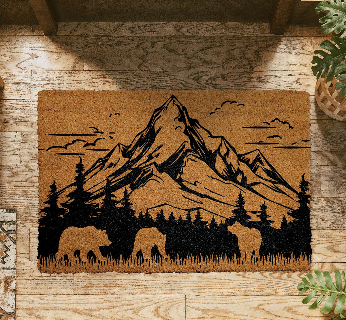 Mountain Landscape Doormat, Bears & Trees Camping Welcome Mat, Rustic Wilderness Home Decor