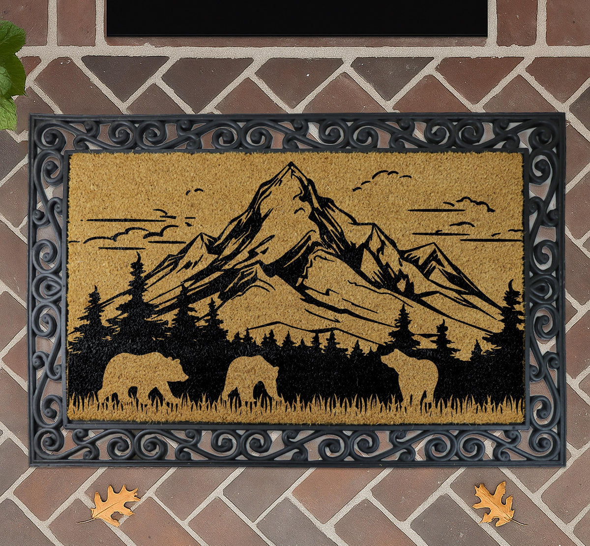 Mountain Landscape Doormat, Bears & Trees Camping Welcome Mat, Rustic Wilderness Home Decor