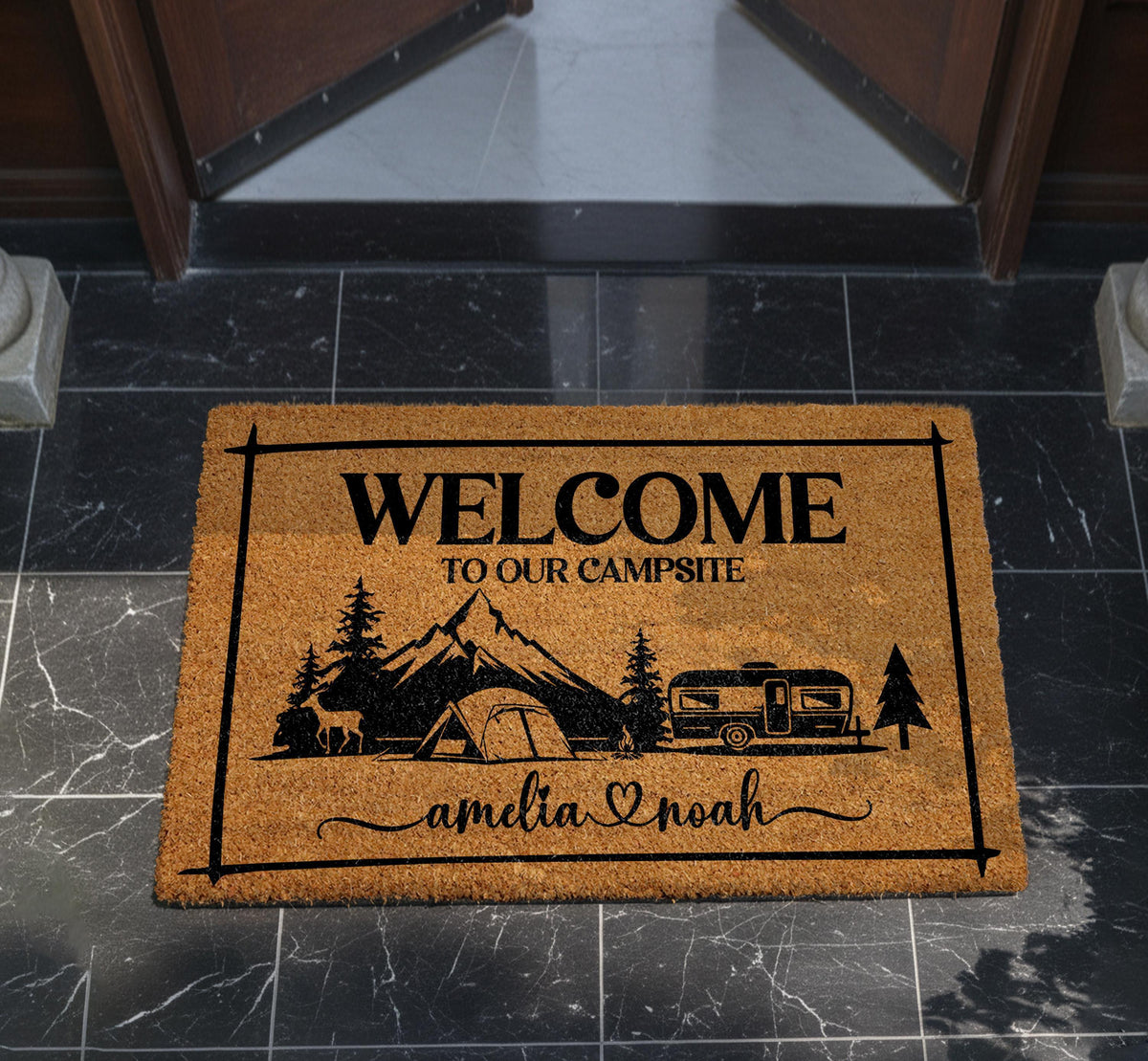 Personalized Campsite Doormat, Custom Camper Welcome Mat, RV Door Mat, Outdoor Rug for Campers