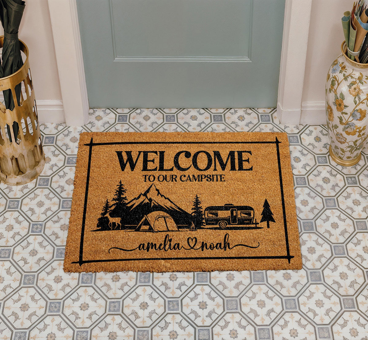 Personalized Campsite Doormat, Custom Camper Welcome Mat, RV Door Mat, Outdoor Rug for Campers