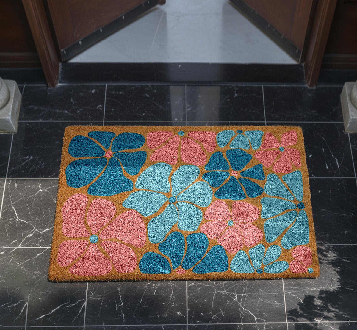 Colourful Floral Entrance Doormat, Floral Welcome Mat, Pretty Flower Design Porch Decor