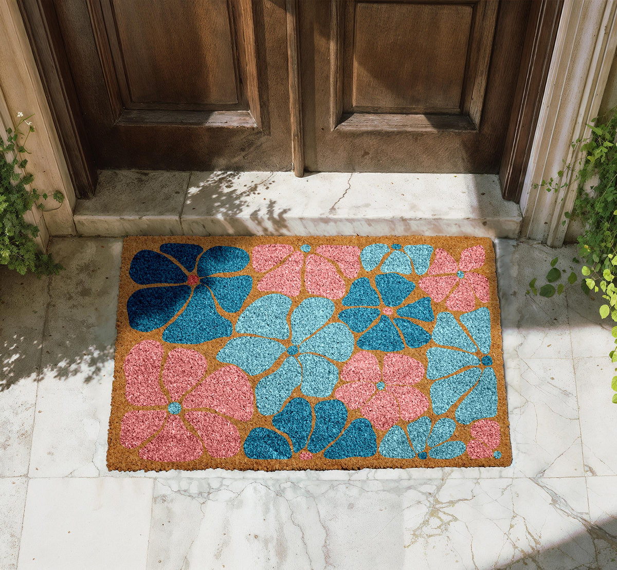 Colourful Floral Entrance Doormat, Floral Welcome Mat, Pretty Flower Design Porch Decor