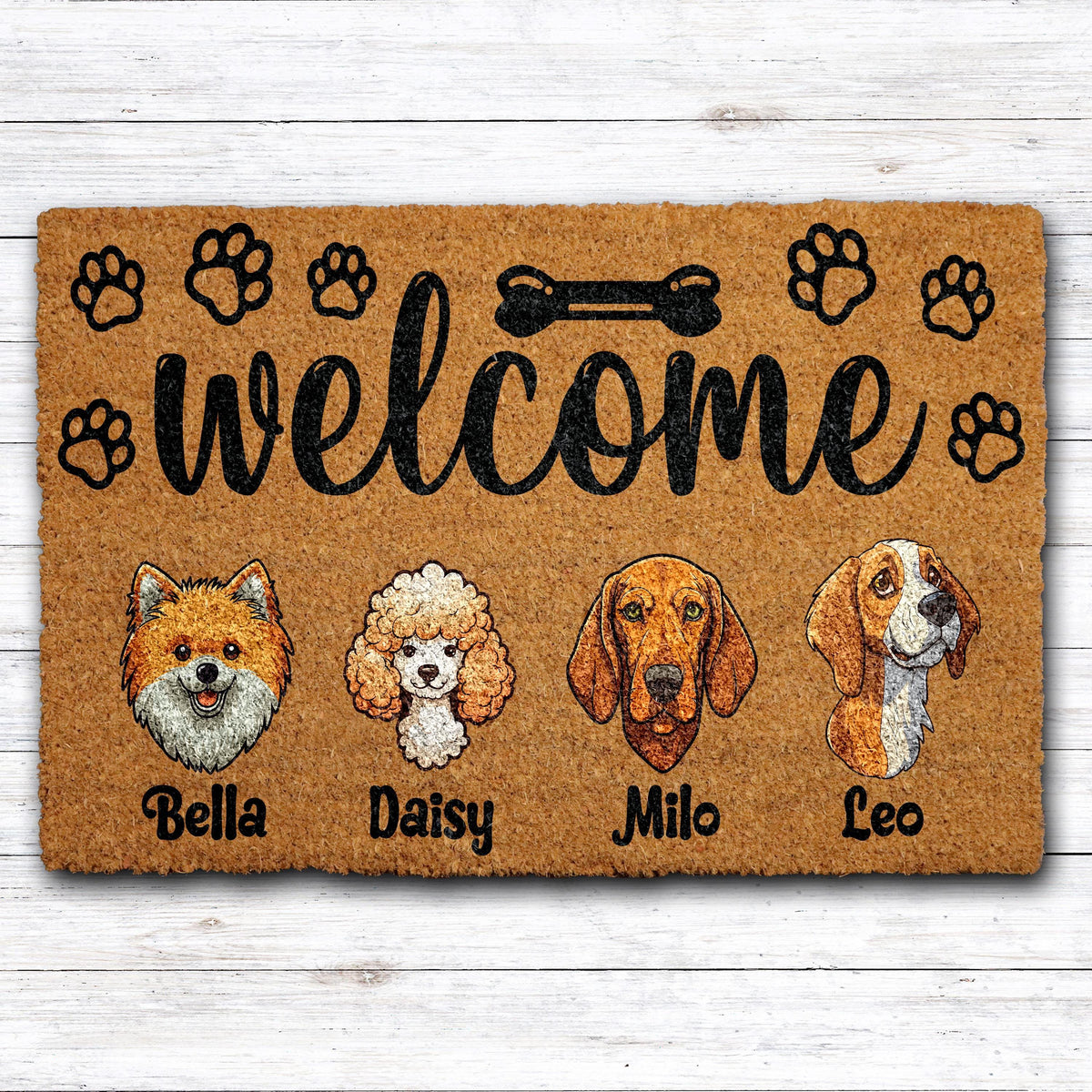 Personalized Dogs Breed Illustration Welcome Mat, Custom Name Dog Family Doormat