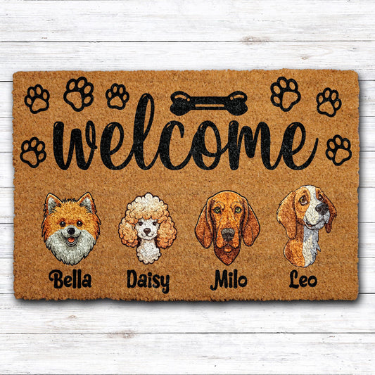 Personalized Dogs Breed Illustration Welcome Mat, Custom Name Dog Family Doormat