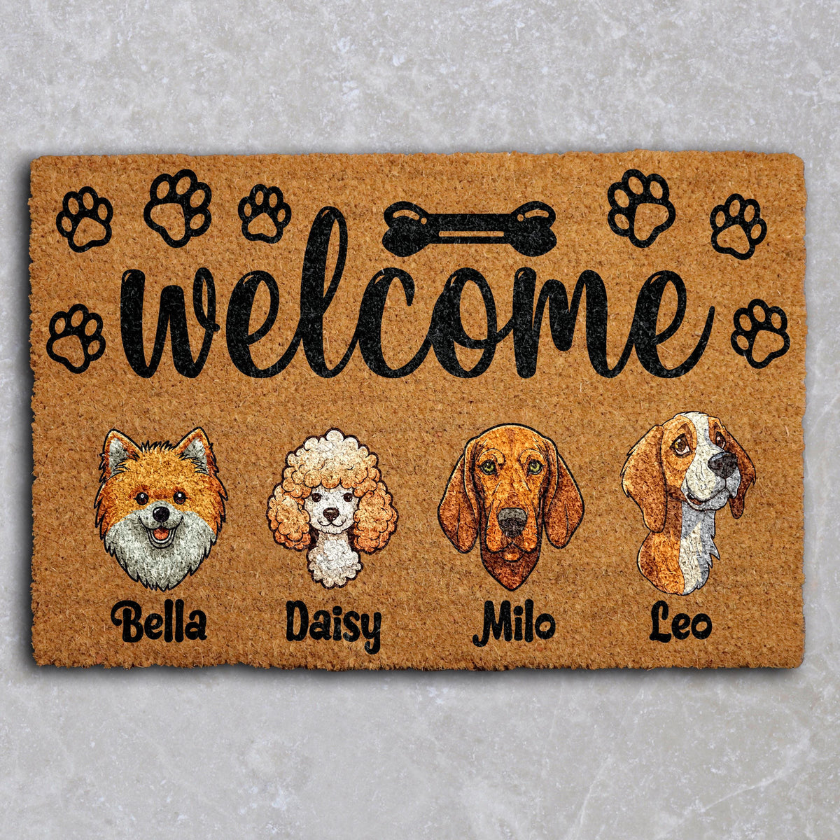 Personalized Dogs Breed Illustration Welcome Mat, Custom Name Dog Family Doormat