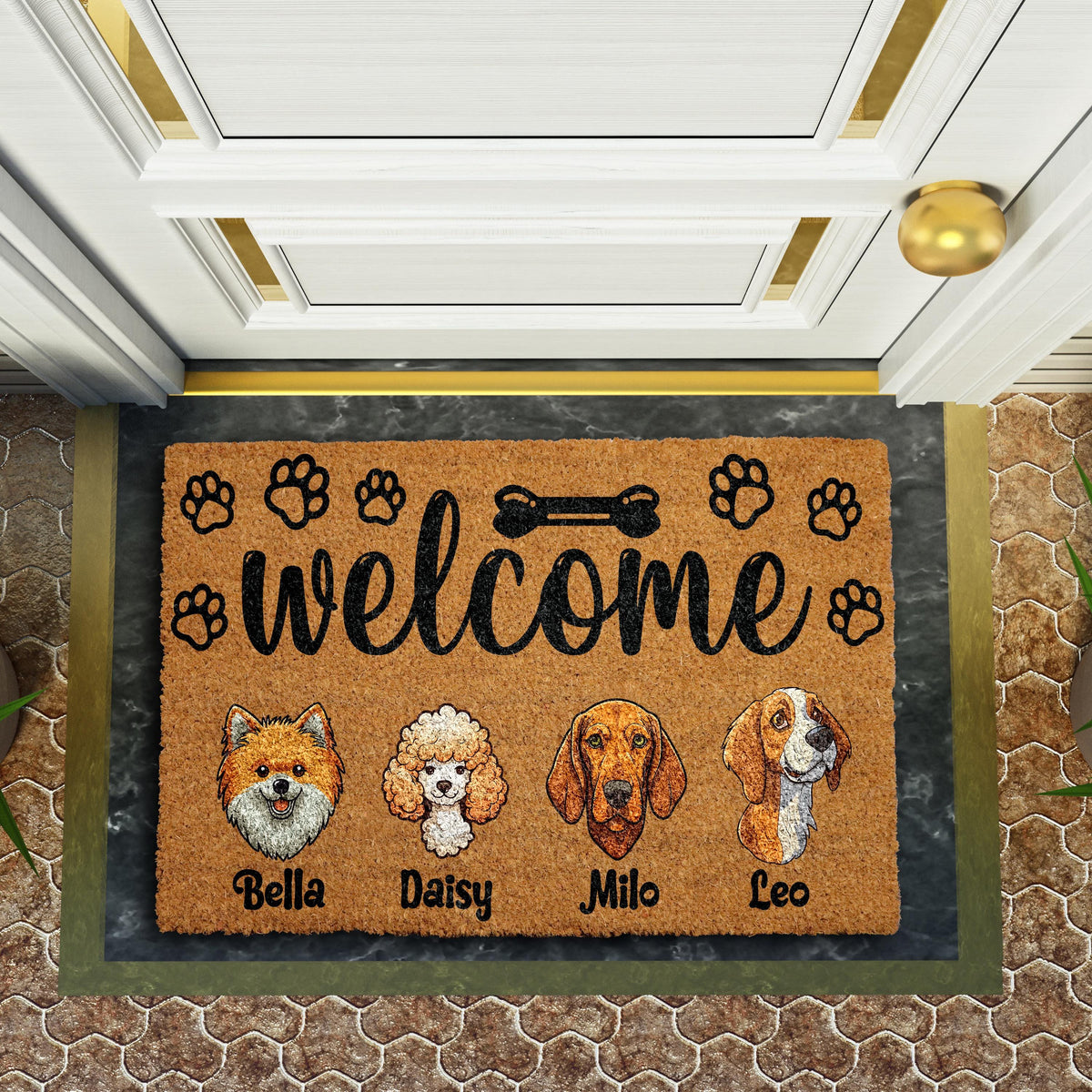 Personalized Dogs Breed Illustration Welcome Mat, Custom Name Dog Family Doormat