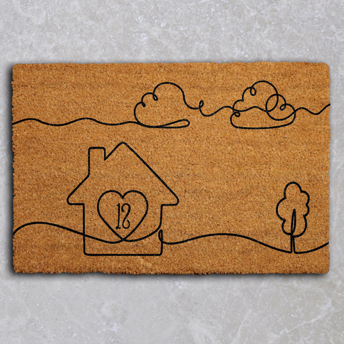 Custom House Number Welcome Mat, One Line Art Design Coir Doormat, Minimalist Home Entrance Mat