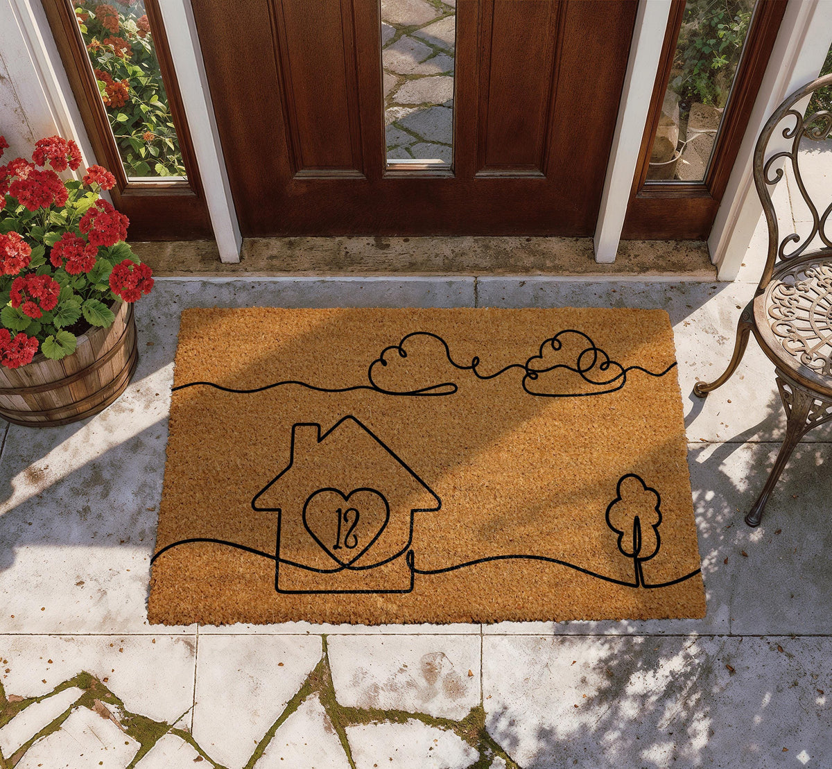 Custom House Number Welcome Mat, One Line Art Design Coir Doormat, Minimalist Home Entrance Mat