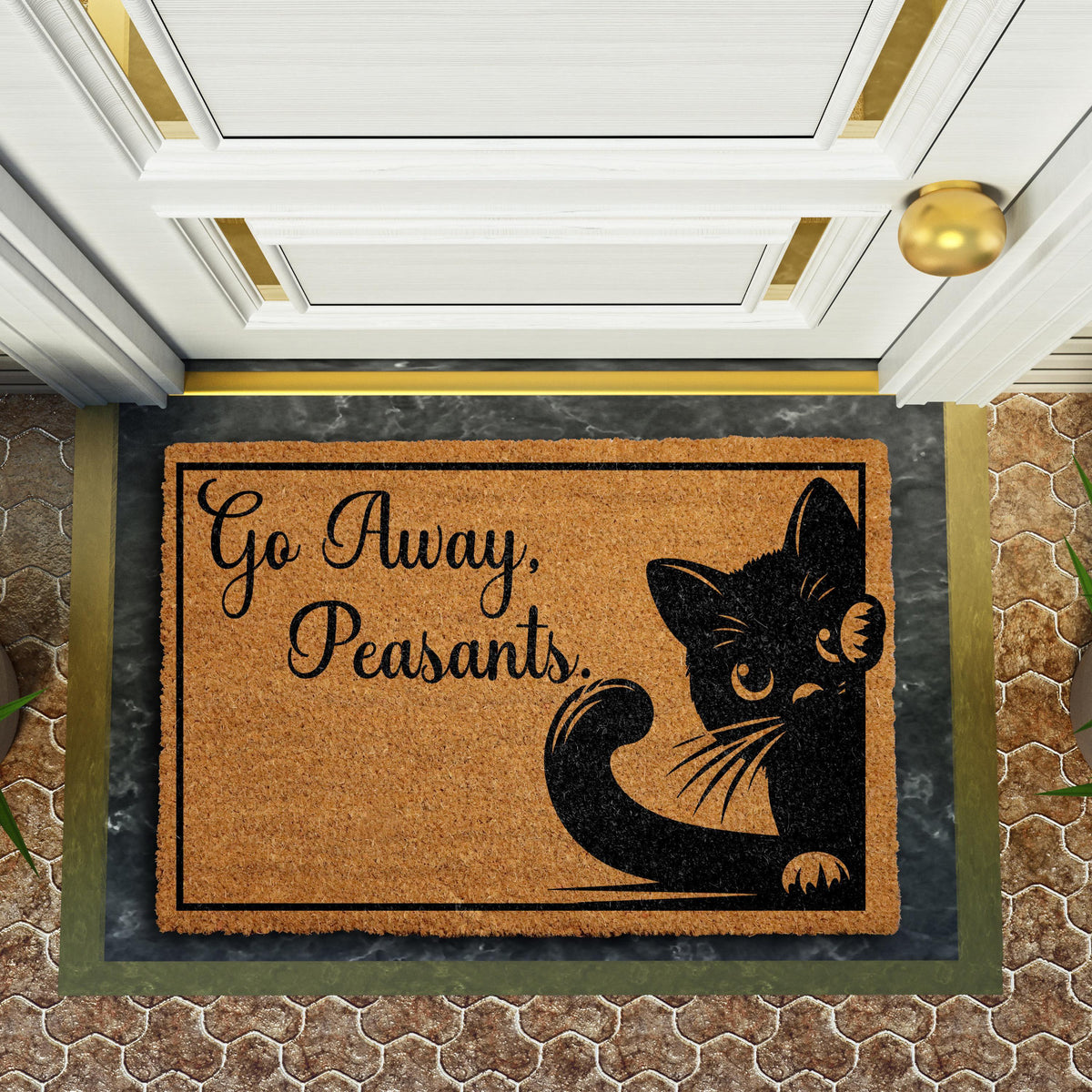 Go Away Peasants Welcome Mat, Funny Black Cat Saying Doormat