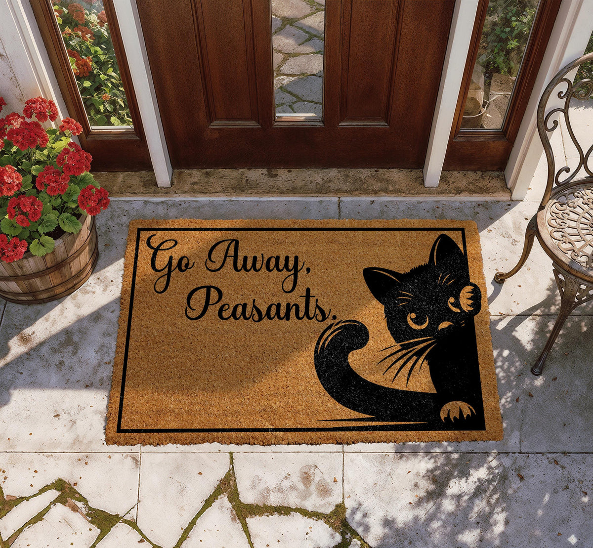 Go Away Peasants Welcome Mat, Funny Black Cat Saying Doormat