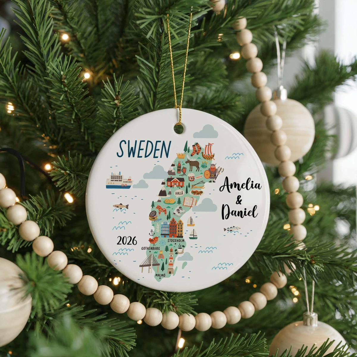 Personalized Sweden Map Ceramic Ornament, Couple's Travel Keepsake