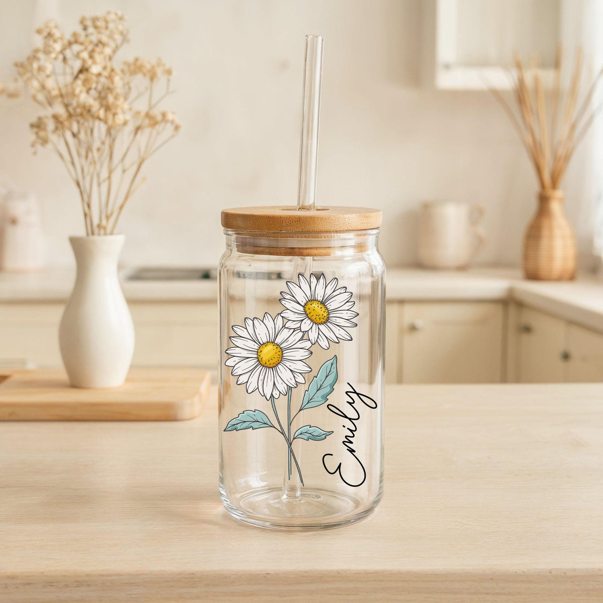 Customizable Birth Month Flower Design Glass Cup, Floral Name Can Glass Tumbler